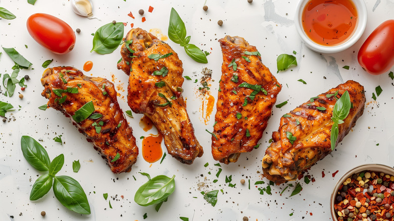 mock chicken made of seitan on a white surface, decorated with garnish