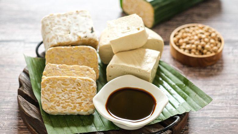 tempeh and tofu on a plate beside soy sauce with a bowl of soybeans in background