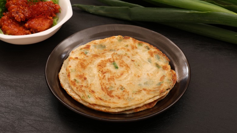 Scallion pancake on plate