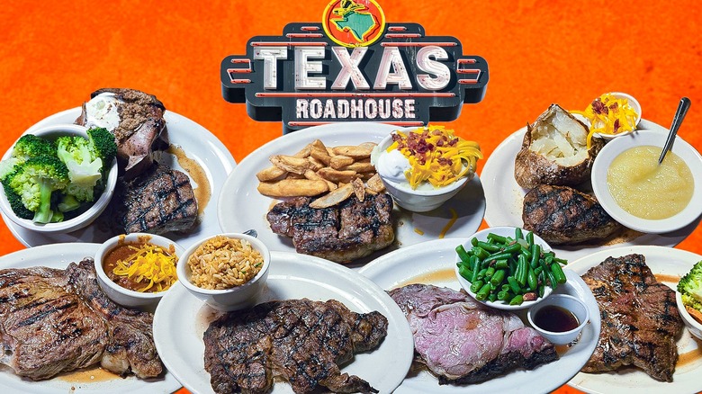 Texas Roadhouse sign and various steaks on plates