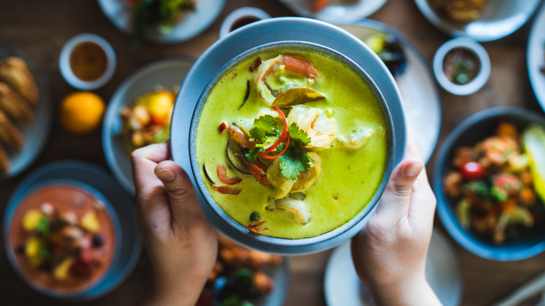 Hands holding a bowl of Thai green curry