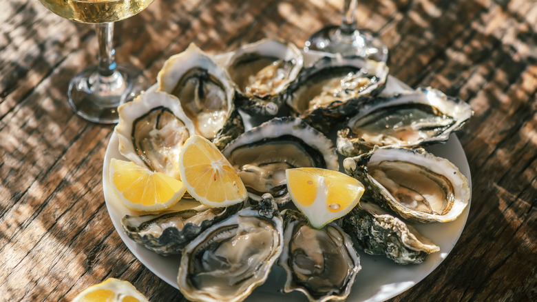 A dozen raw oysters paired with white wine