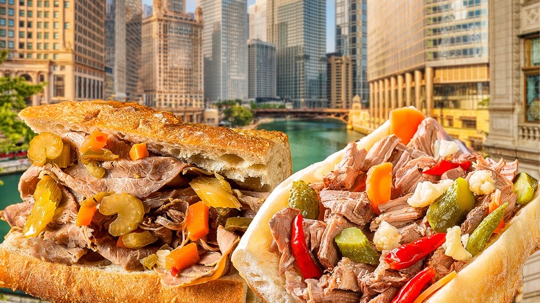 Italian beef sandwiches are shown with Chicago in the background.