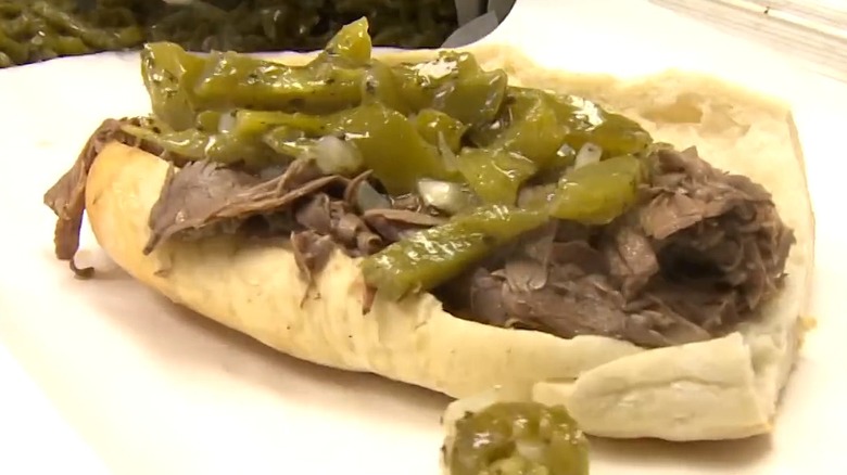 An Italian beef is displayed at Johnnie's Beef.