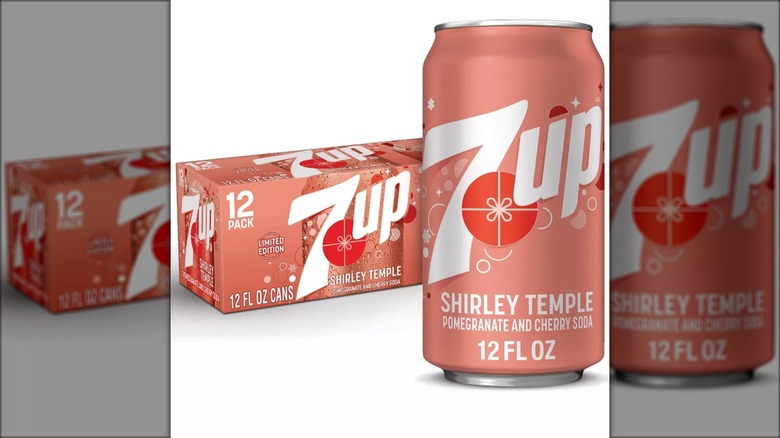 A 12-pack of 7Up Shirley Temple soda and a solitary can against a white background