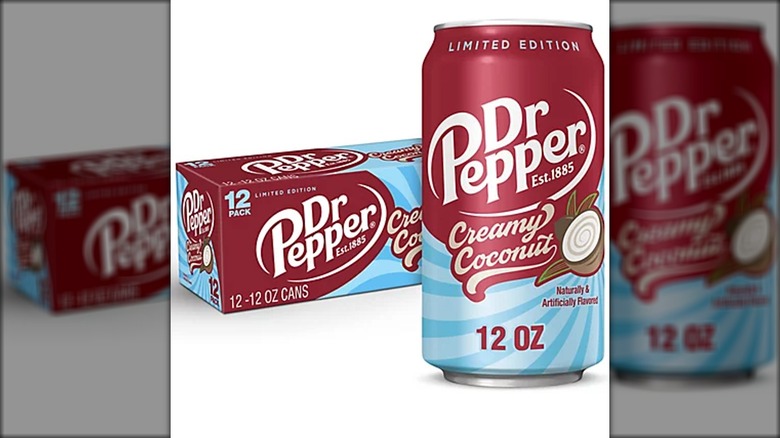 A 12 pack and single can of Dr Pepper Creamy Coconut soda