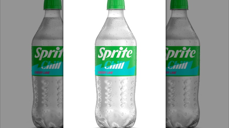 A bottle of new Sprite Chill Cherry Lime against a white background