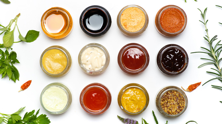 various condiments in small bowls