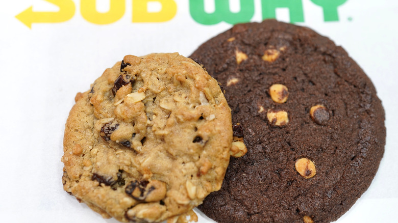 Two Subway cookies on a Subway napkin