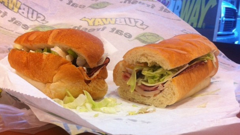 Subway v-cut sandwich next to standard sandwich