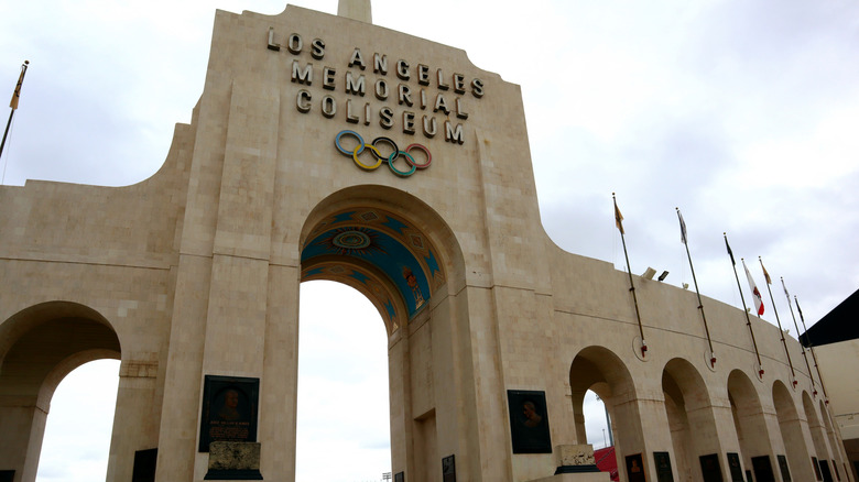 Los Angeles Memorial Coliseum front, showing the Olympic Rings