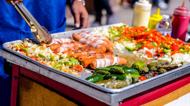 Hot dogs prepped on pan