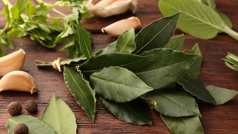 Bay leaves and garlic cloves