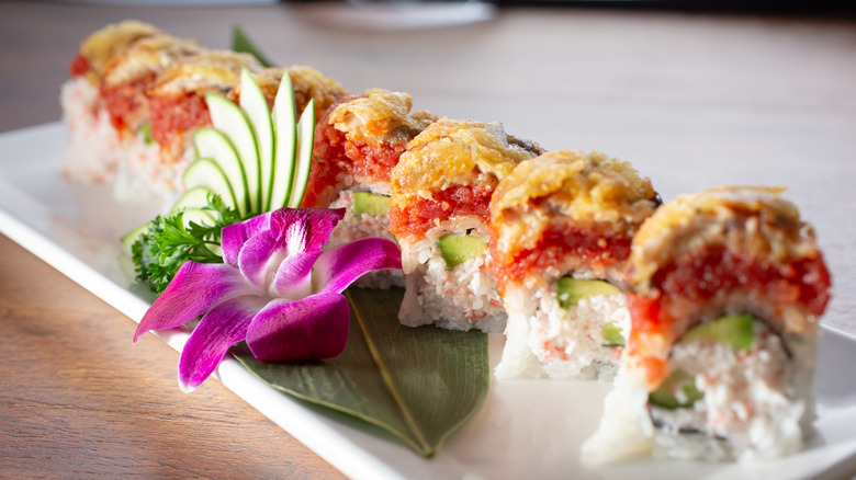 A close-up of sushi with deep-fried ahi tuna