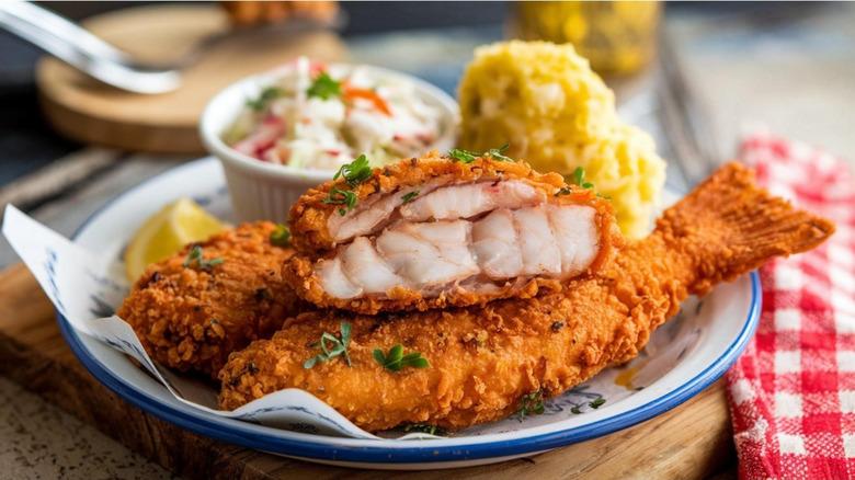 Crispy fried catfish on a plate with coleslaw and potato salad