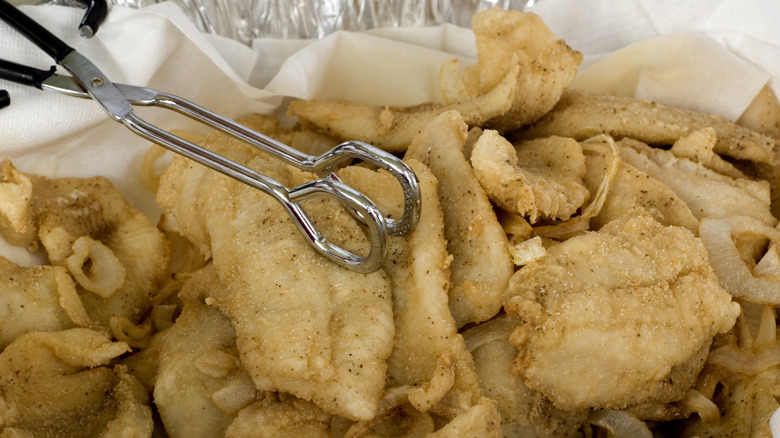 A tray of Southern fried crappie fish