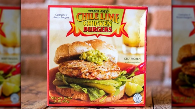 Box of Trader Joe&'s chile lime chicken burgers.