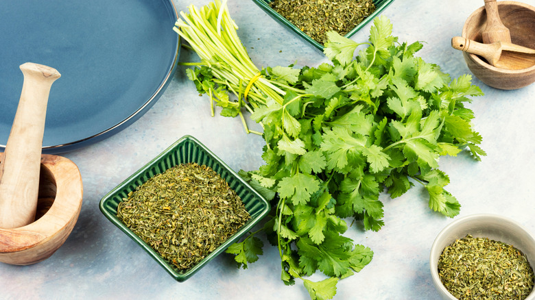 Fresh cilantro next to crockery and pestle and mortar.