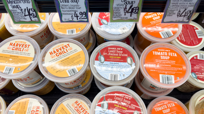 Trader Joe's soup tubs on display.
