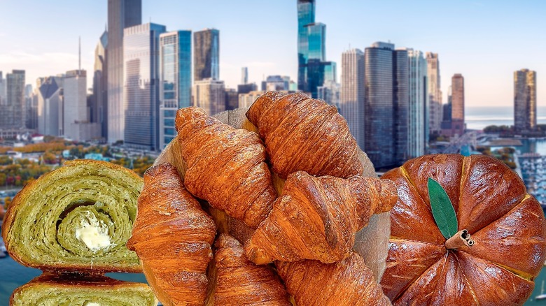 different breads on city background