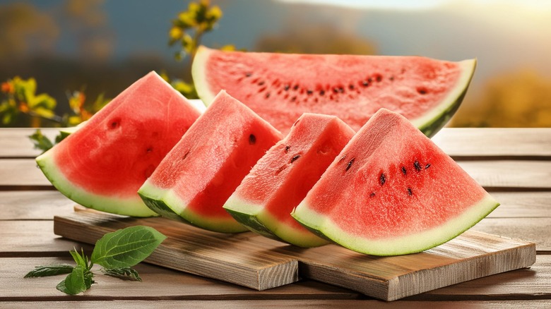 Sliced watermelon on a wooden cutting board