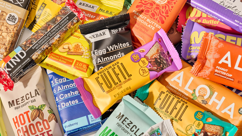 Protein bars in a pile on a table