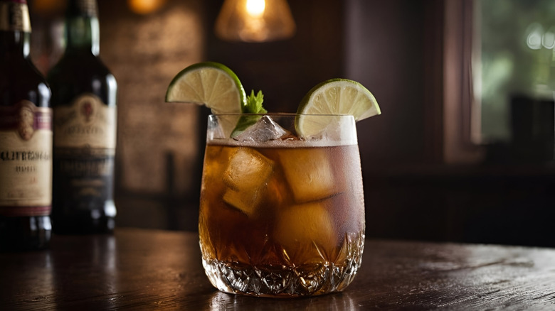 Dark 'n' Stormy with lime slices and bottles in background