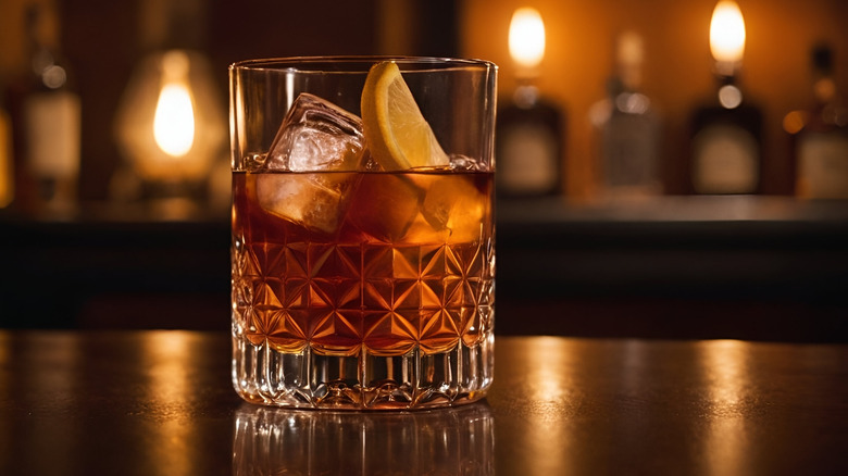 Sazerac on bar counter with bottles in background