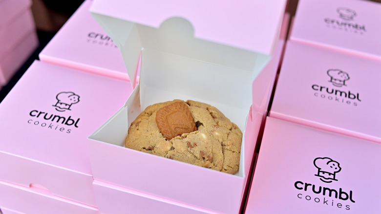 Crumbl cookie in a pink box