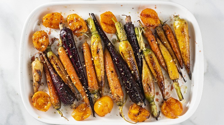 roasted carrots in a baking dish