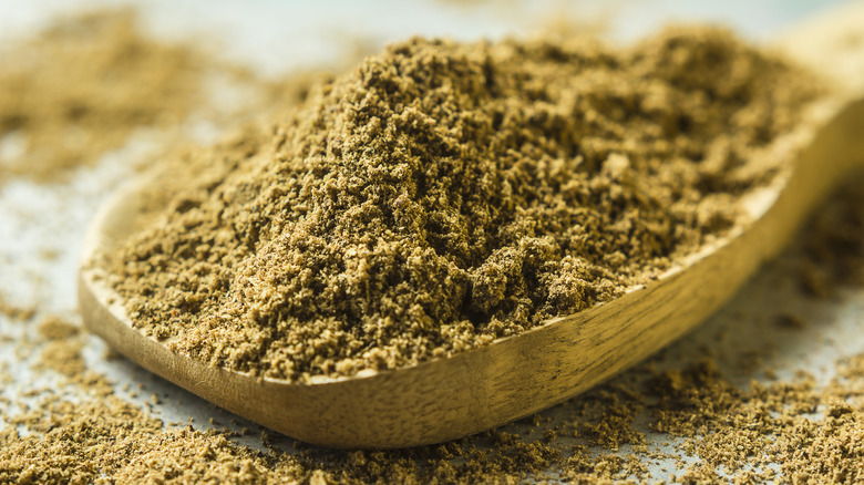 Garam masala on a wooden spoon