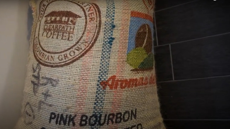 Burlap bag of Pink Bourbon coffee