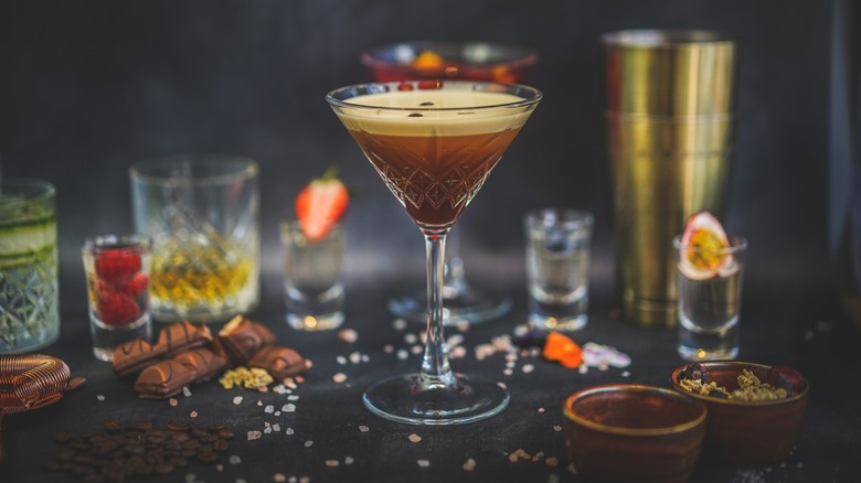 An espresso martini in a tall glass