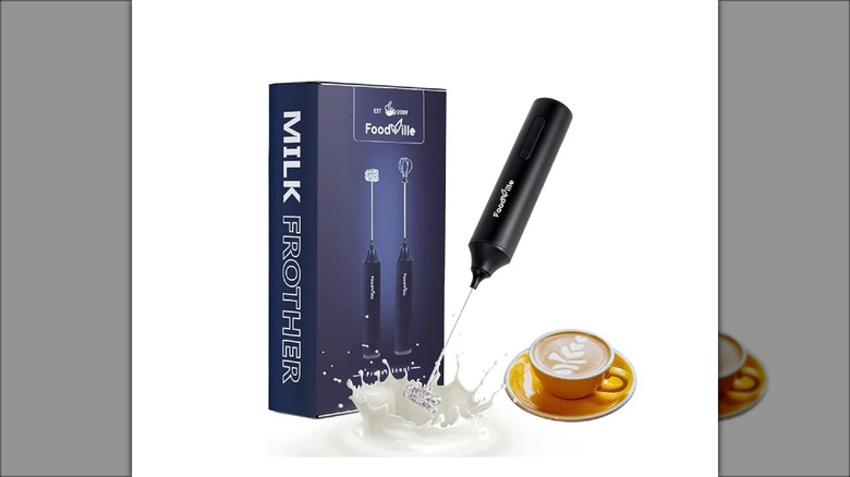 FoodVille frother with mug and splashing milk