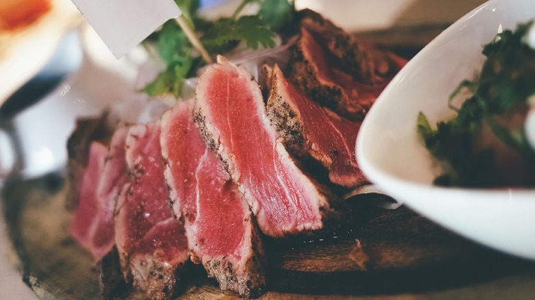 close up of sliced blue steak