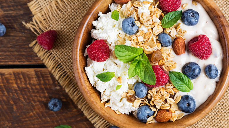 cottage cheese fruit granola in bowl