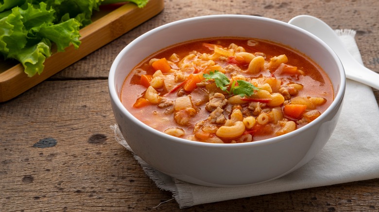 Soup with ground beef and macaroni noodles