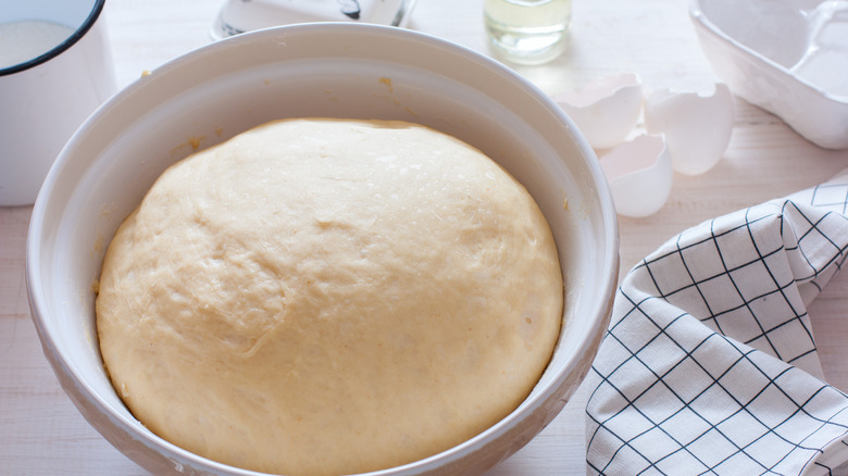 Bread dough proofing in bowl