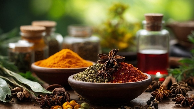 Powdered spices and seasonings in small bowls with anise