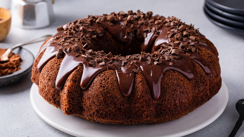 Chocolate bundt cake on a plate 