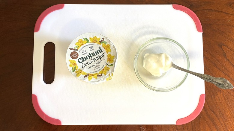 Chobani Zero Sugar Greek yogurt is displayed beside a sample