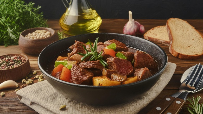 Beef stew in black bowl