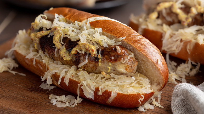 Bratwurst with pretzel roll