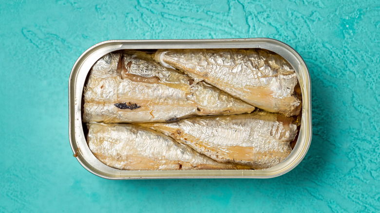 Open sardine tin, blue background