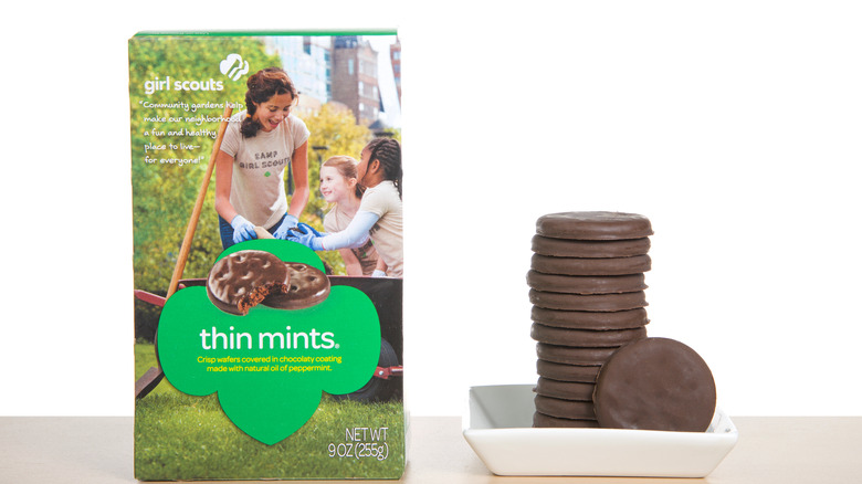 Stack of Thin Mint cookies with box