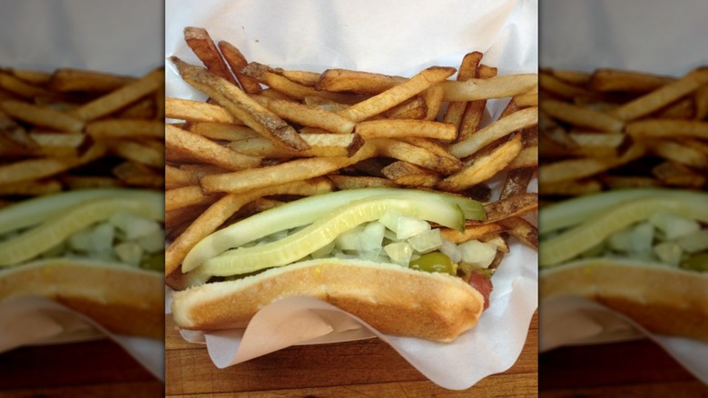 Chicago hot dog and fries