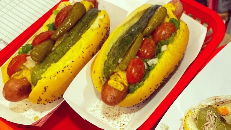 Two Chicago style hot dogs