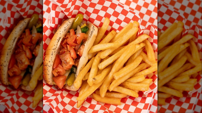 Chicago hot dog with fries