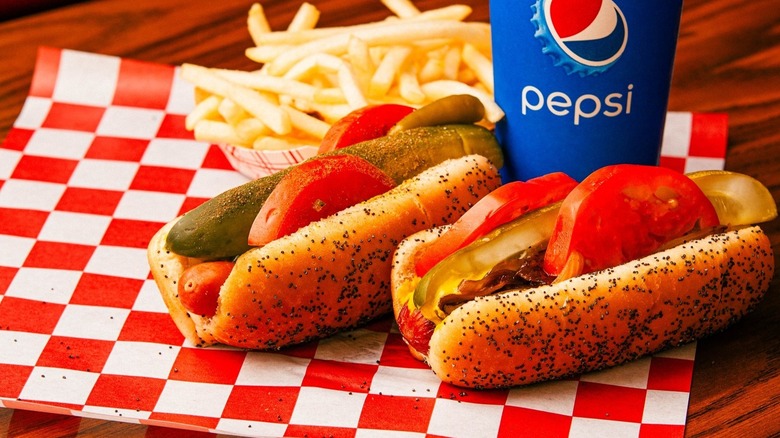 Two Chicago style hot dogs