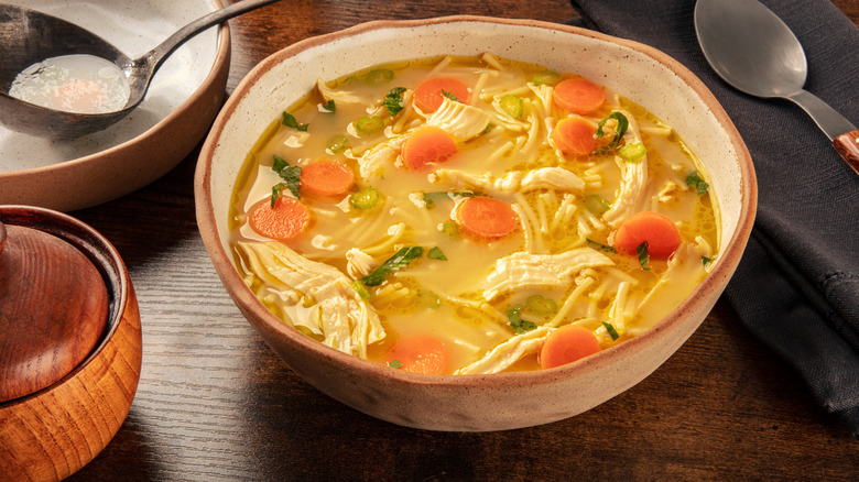 bowl of chicken soup with carrots